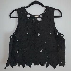 Black Crop Top w/ Floral Embroidery Pattern